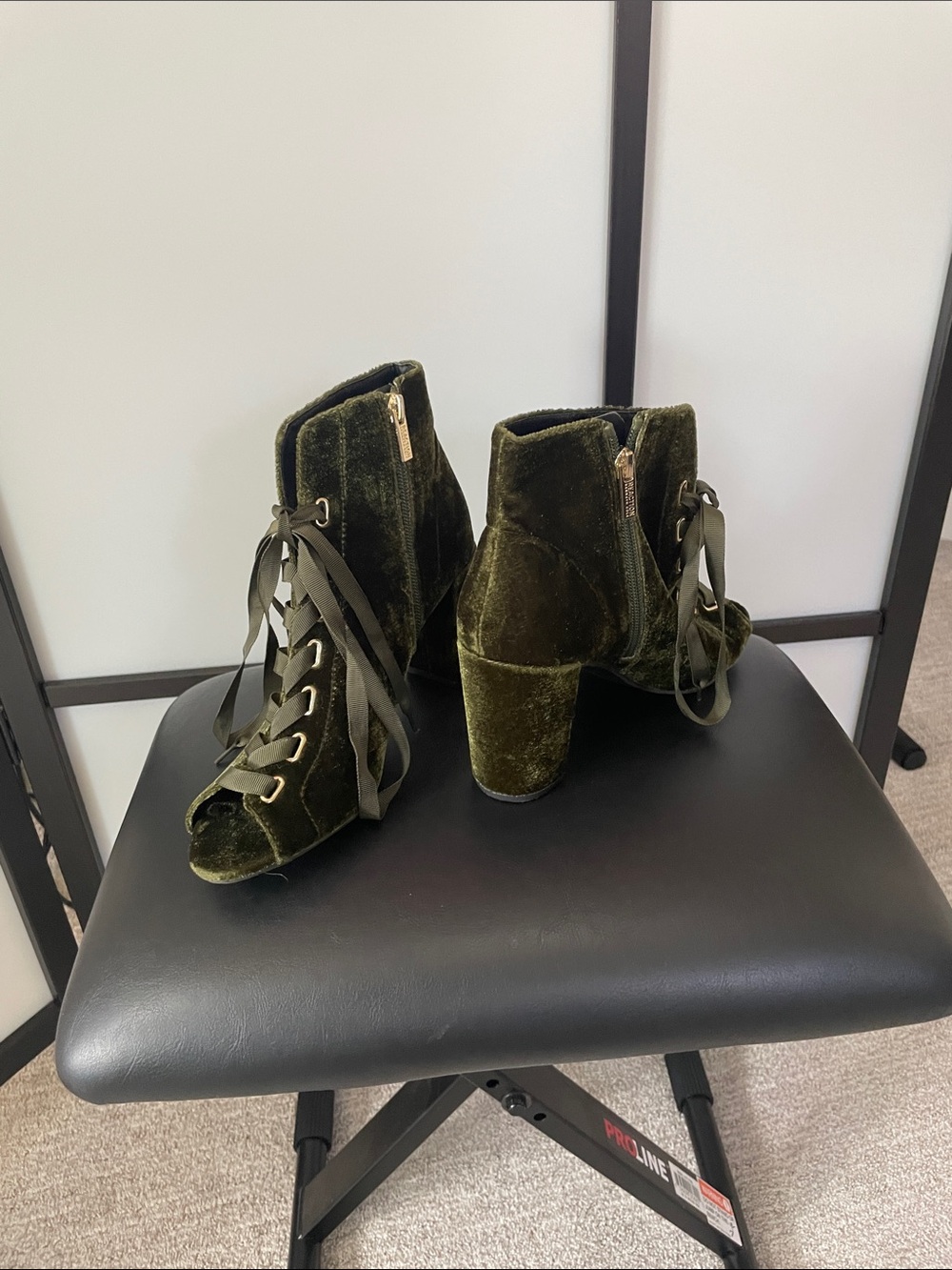Kenneth Cole Reaction Olive Green Velvet Lace-Up Peep-Toe Booties